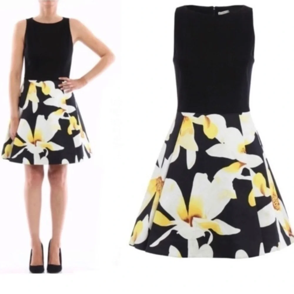 ALICE + OLIVIA KOURTNEY Sleeveless Box Pleated Combo Lined Dress Black /Floral 2 - Picture 5 of 15